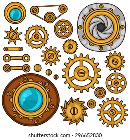 Set of steampunk gears, screws and cogwheels in doodle style.