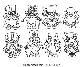 Set of steampunk gnomes. Collection of little garden gnomes. Vector illustration for party cards.