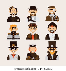 Set with steampunk men portraits. Smiling faces, clothing with gears and keys decoration.