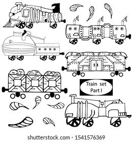Set of steampunk trains in outline