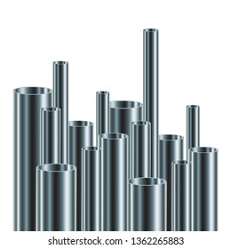 Set of steel or aluminum pipes, isolated. Vector illustration. Glossy 3d tubes of different diameters.