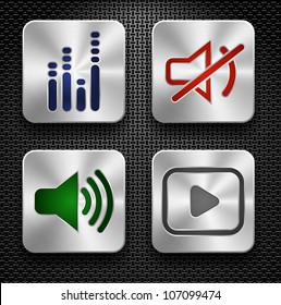 Set of steel audio web icons over metallic textured background. EPS 10. Vector illustration.
