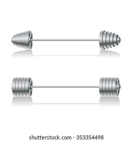 A set of steel barbells with a mirror reflection first part, vector illustration.