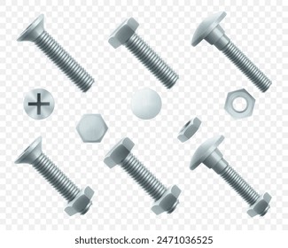 Satz von Stahlschrauben und Sechskantmutter isoliert auf weißem Hintergrund. Realistisches 3D Edelstahl Bolzen und Mutter Icon. Schrauben und Muttern. isometrische Vektorillustration