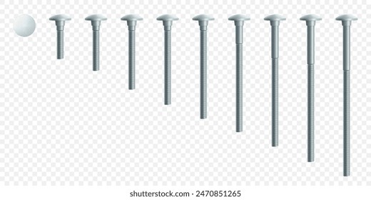 Set of steel bolts isolated on white background. Realistic 3d stainless steel bolts icon. Screw-nuts and bolts. Isometric vector illustration