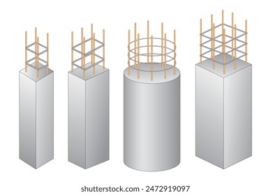 Set of steel column foundation in reinforced concrete block. Eps Vector