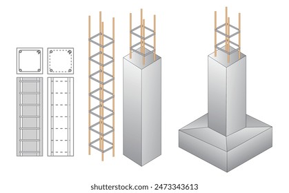 Set of steel column foundation in reinforced concrete block. Eps Vector