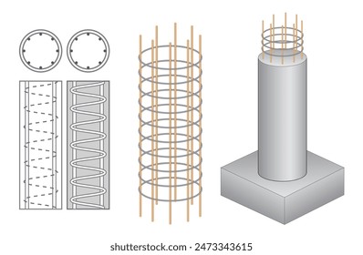 Conjunto de cimentación de columna de acero en bloque de hormigón armado. Vector Eps