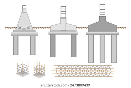 Conjunto de cimentación de columna de acero en bloque de hormigón armado. Vector Eps