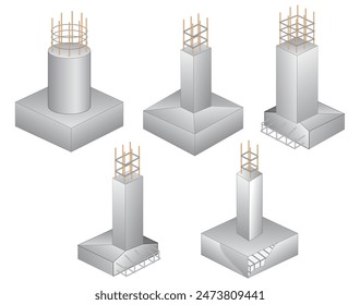 Conjunto de cimentación de columna de acero en bloque de hormigón armado. Vector Eps