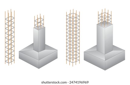 Conjunto de cimentación de columna de acero en bloque de hormigón armado. Vector Eps