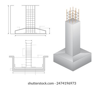 Conjunto de cimentación de columna de acero en bloque de hormigón armado. Vector Eps