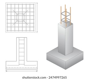 Conjunto de cimentación de columna de acero en bloque de hormigón armado. Vector Eps