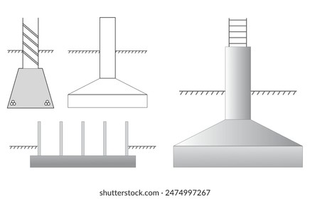 Conjunto de cimentación de columna de acero en bloque de hormigón armado. Vector Eps