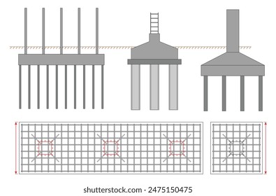 Conjunto de cimentación de columna de acero en bloque de hormigón armado. Vector Eps