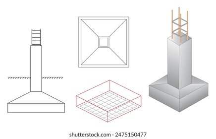 Conjunto de cimentación de columna de acero en bloque de hormigón armado. Vector Eps