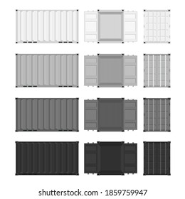 Set of steel containers for transportation. Flat style cargo containers. White, gray, and black box. Vector illustration.