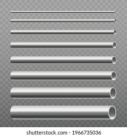 Set of steel cylinder pipes of various diameter, realistic vector illustration isolated on transparent background. Chrome metal polished pipes template.