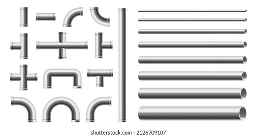 Set of steel cylinder pipes of various diameter, realistic vector illustration isolated on transparent background. Chrome metal polished pipes template.