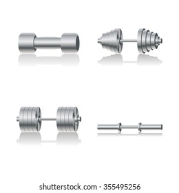 Set of steel dumbbells with a mirror reflection, vector illustration.