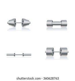 Set of steel dumbbells with a mirror reflection second part, vector illustration.