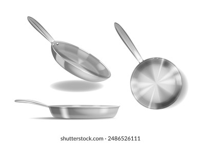 Set Of Steel Frying Pans Isolated On White Background. Realistic 3d Vector Image Captures The Clean, Reflective Surfaces