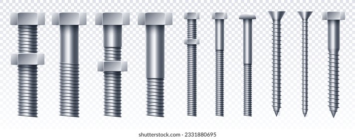 Set of steel hex bolts on copy space. Construction and repair metal inventory. Threaded body under head. Builders equipment. Isometric vector collection isolated on transparent background