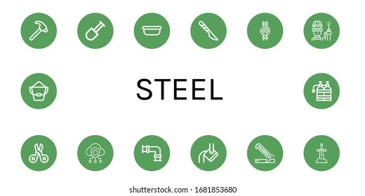 Set of steel icons. Such as Hammer, Shovel, Surgical tray, Scalpel, Valve, Welder, Scissors, Safe, Pipe, Heavy, Cutter, Sword, Bucket, Oxygen tank , steel icons