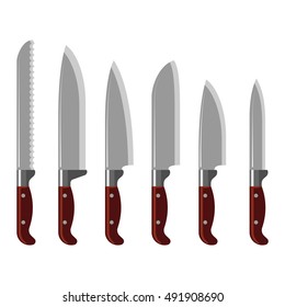 Set of steel kitchen knifes collection, paring, and utility sharp tool cooking equipment collection vector illustration