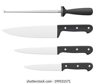 Set of steel kitchen knives. Includes carving, paring, and utility knives.