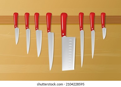 Set of steel kitchen knives isolated on white background. Restaurant chef knives collection, butcher knife, realistic cutlery icons, 3d vector illustration