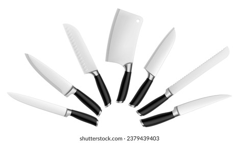 Satz von Stahlküchenmesser einzeln auf weißem Hintergrund. Metzgerwerkzeuge, Küchenmesser, vielseitig und zum Schneiden von Obst, Gemüse. Für Restaurants, Cafés und Hausmannskochen. realistischer 3D-Vektor