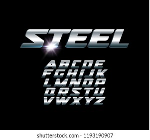 Set of steel letters. Font for dynamic compositions, like sports events and promotions or logos. Typography design, metal style,