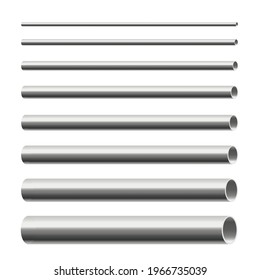 A set of steel metallic pipes for construction industrial pipelines. Metal chrome cylinders of different diameters. Realistic 3d vector illustrations isolated on white.