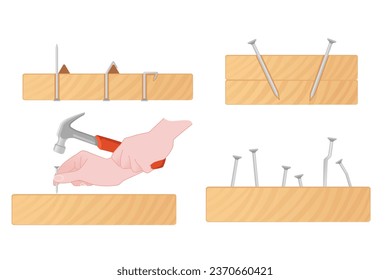 Satz von Stahlnageln auf HolzplankenVektorgrafik einzeln auf weißem Hintergrund
