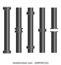 Set of steel pipes with connecting flanges, 3D vector illustration.