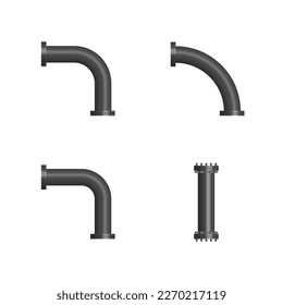 Set of steel pipes with connecting flanges, 3D vector illustration.