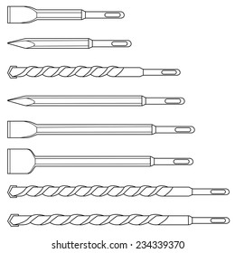 Set of steel professional hammer drill bits icons. Different shapes. Contour lines vector illustration isolated on white