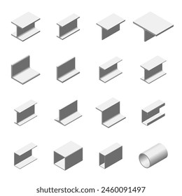 Set of steel profile beam icon. 3D isometric illustration. Editable vector for banner, poster, presentation, infographic, website, apps, and other uses.