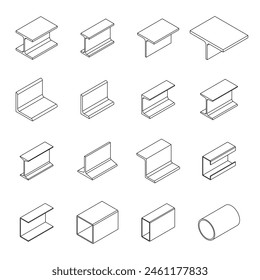 Set of steel profile beam icon. 3D isometric illustration. Line style. Editable vector for banner, poster, presentation, infographic, website, apps, and other uses.