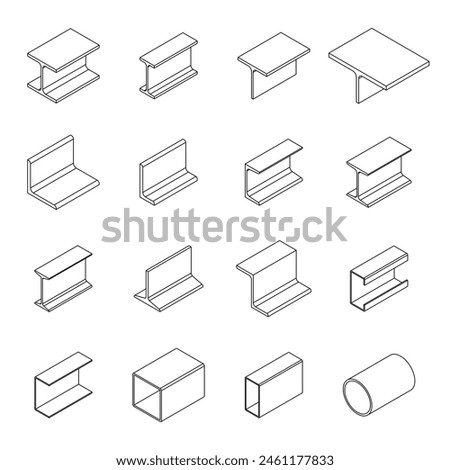 Set of steel profile beam icon. 3D isometric illustration. Line style. Editable vector for banner, poster, presentation, infographic, website, apps, and other uses.