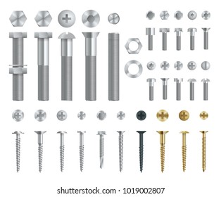 Set of Steel Screws, Bolts, Nuts and Rivets. Top and Side View. Isolated Vector Elements