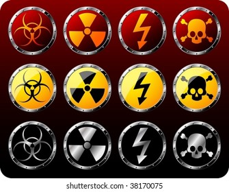 Set of steel shields with warning symbols - vector