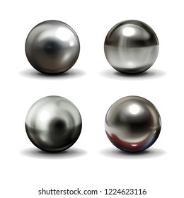 Set of steel or silver balls with shadows from below realistic vector isolated on white background. Shiny, metallic spheres with various light reflections on chrome surface 3d illustrations collection