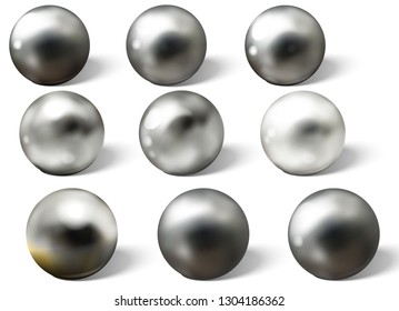 Set of steel or silver balls with shadows from below realistic vector isolated on white background. Shiny, metallic spheres with reflections on chrome or matt surface 3d illustrations collection
