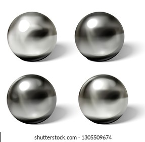 Set of steel or silver balls with shadows from below realistic vector isolated on white background. Shiny, metallic spheres with reflections on chrome or matt surface 3d illustrations collection