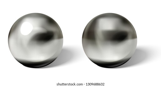 Set of steel or silver balls with shadows from below realistic vector isolated on white background. Shiny, metallic spheres with reflections on chrome or matt surface 3d illustrations collection