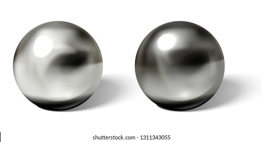 Set of steel or silver balls with shadows from below realistic vector isolated on white background. Shiny, metallic spheres with reflections on chrome or matt surface 3d illustrations collection
