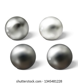 Set of steel or silver balls with shadows from below realistic vector isolated on white background. Shiny, metallic spheres with reflections on chrome or matt surface 3d illustrations collection