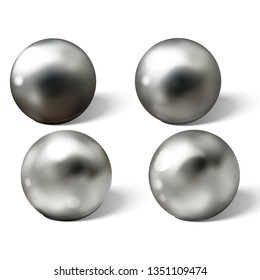 Set of steel or silver balls with shadows from below realistic vector isolated on white background. Shiny, metallic spheres with reflections on chrome or matt surface 3d illustrations collection
